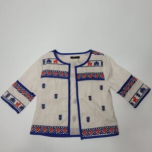 THML ANTHROPOLOGIE BOHO EMBROIDERED SOUTHWEST BOLERO CARDIGAN JACKET RED BLUE